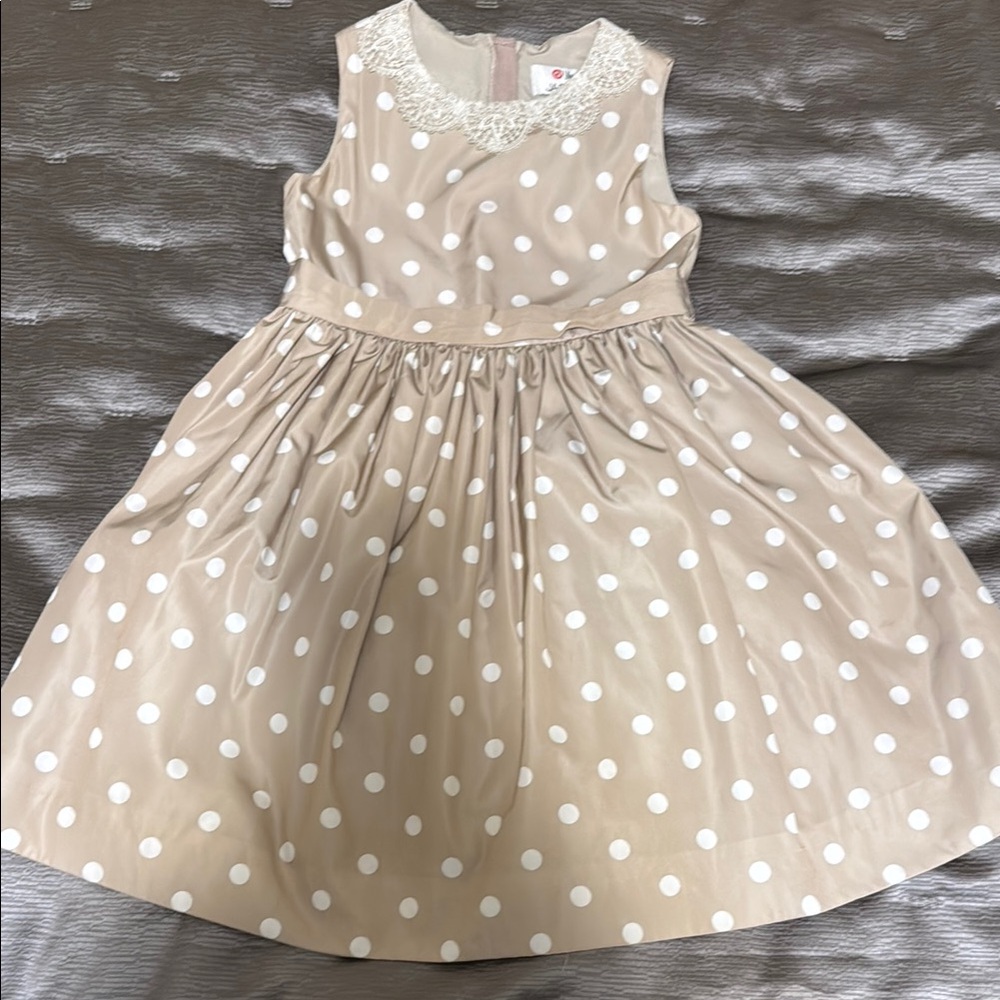 Charming Beige Polka Dot Dress with Lace Collar